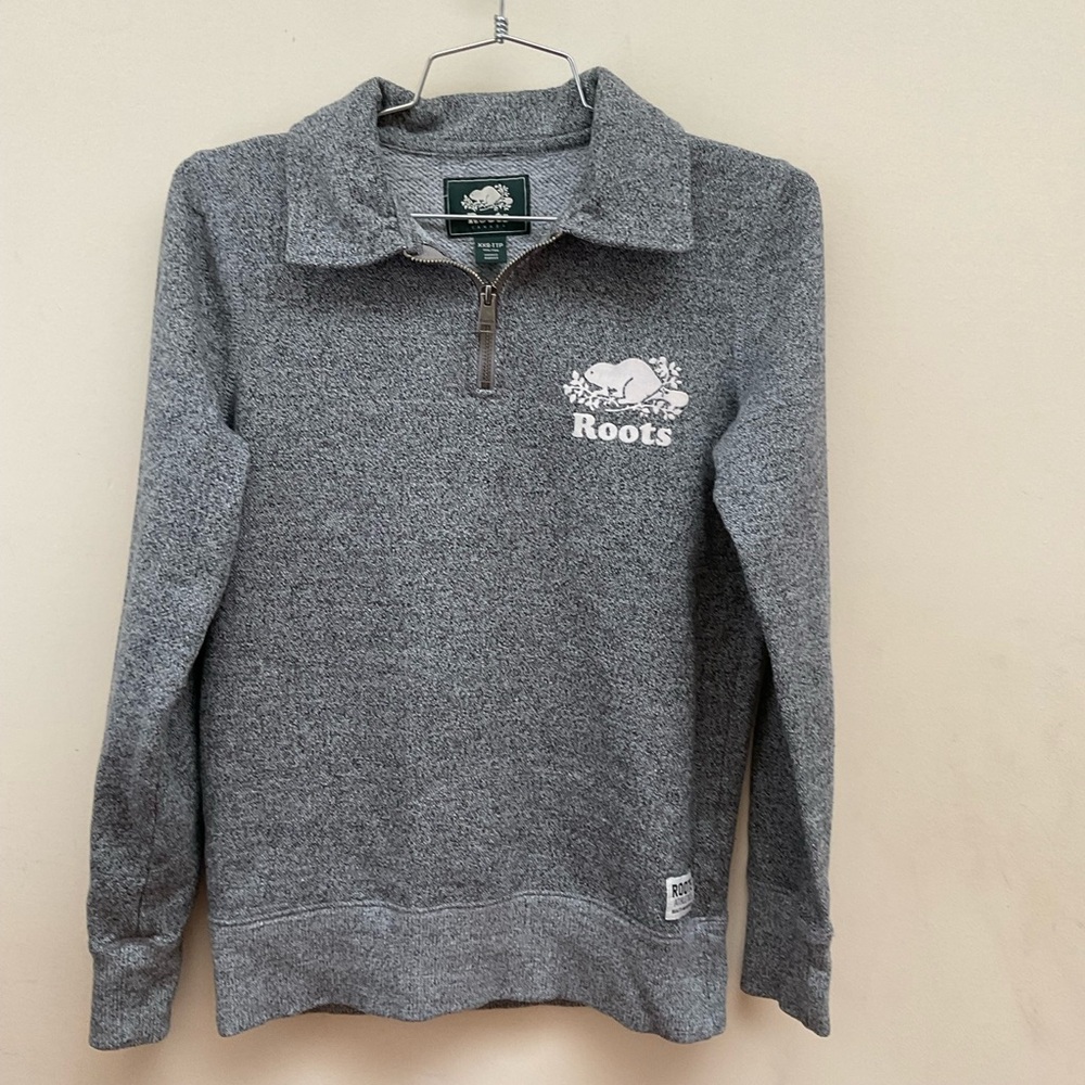 Roots Women's Gray Quarter-Zip Sweatshirt with White Logo